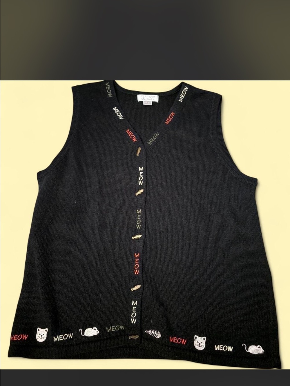 Vintage 90s Cat Meow Embroidered Sweater Vest